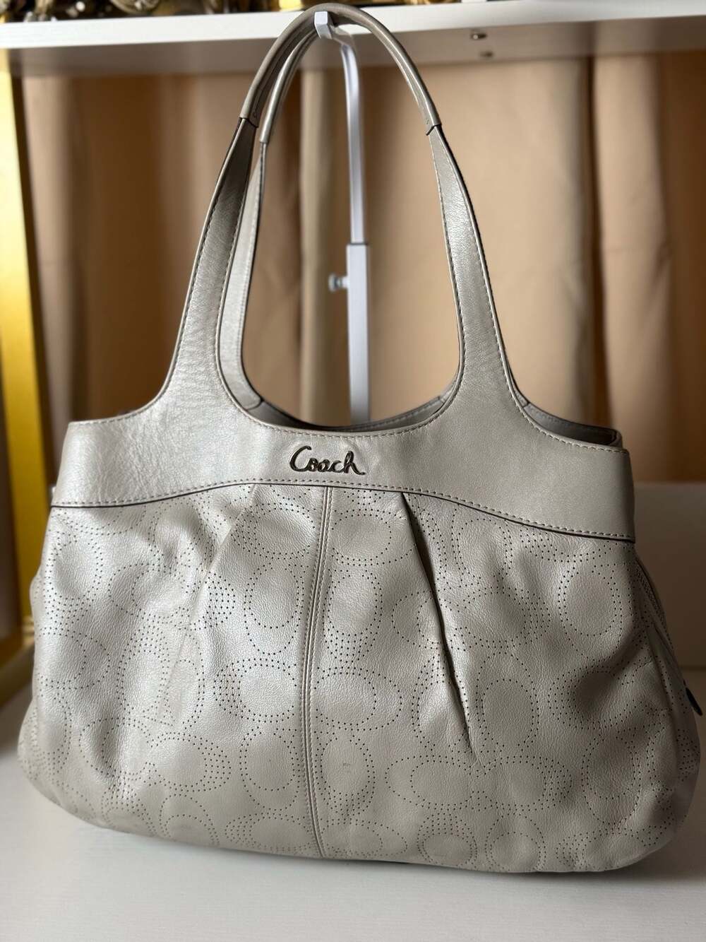 Coach Metallic Silver Perforated Leather Hobo Handbag F19258